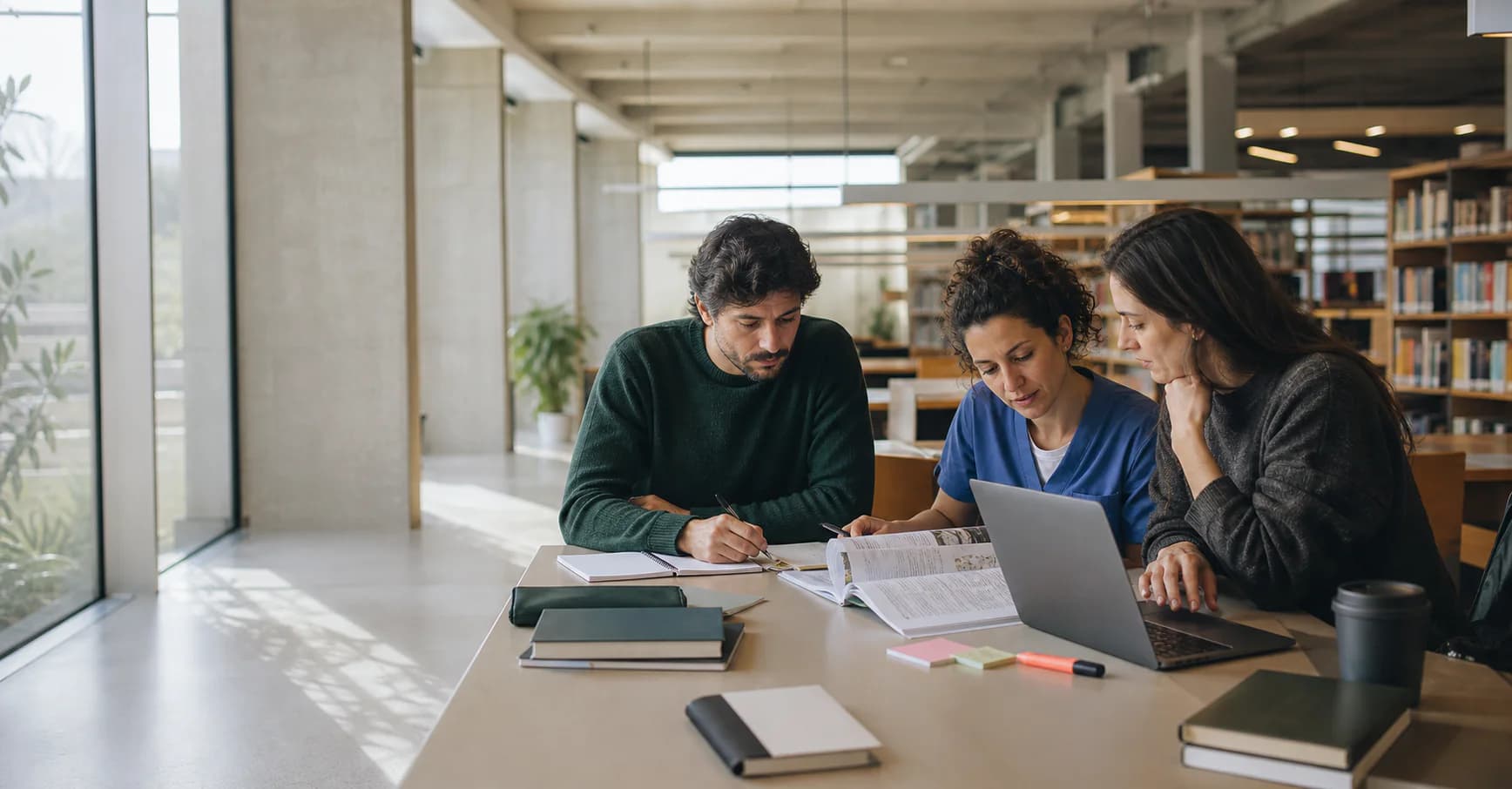 Tres personas adultas estudiando y comparando sus opciones de formación en una biblioteca
